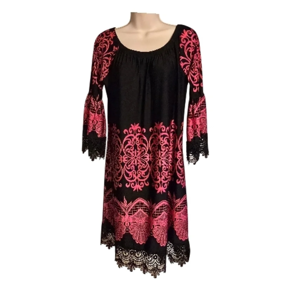 ✨ White Mark Boho Lace Trim Dress XL Black Pink Damask Peasant Tunic Bell Sleeve - Picture 1 of 11